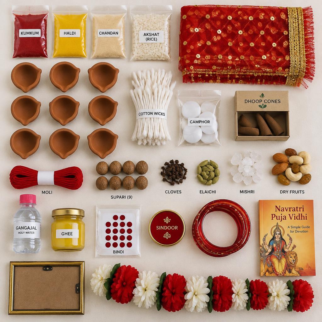 Kit items laid out on ivory paper: powders, diyas, wicks, kapoor, dhoop, moli, supari, spices, mishri, dry fruits, ganga jal, ghee, shringar, book, frame and mala (illustrative)