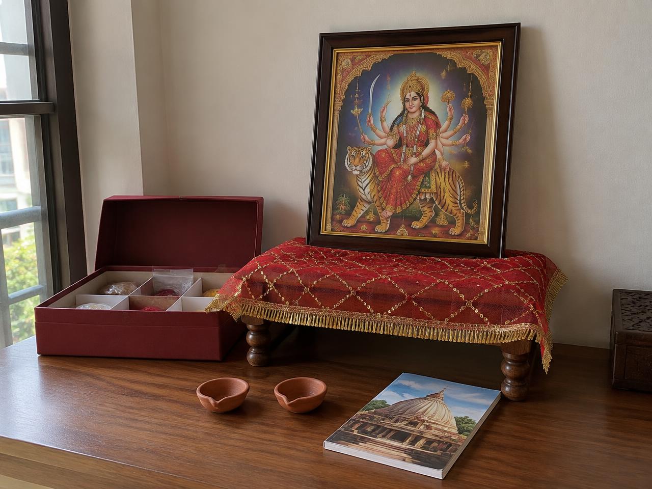 Home pooja corner with chunri on a chowki, Durga Mata photo, open kit and clay diyas (illustrative)