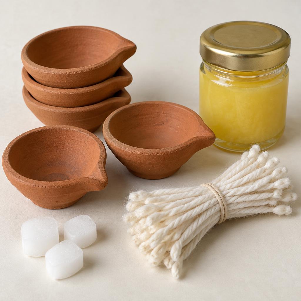 Unglazed clay diyas, cotton wicks, kapoor and a jar of ghee (illustrative)